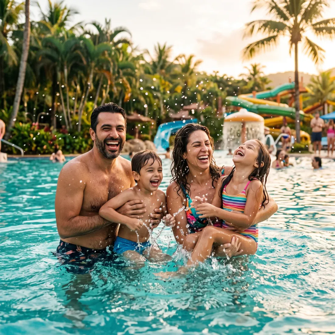Mãe e filha descendo o toboágua