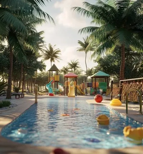 Área infantil com playground na piscina