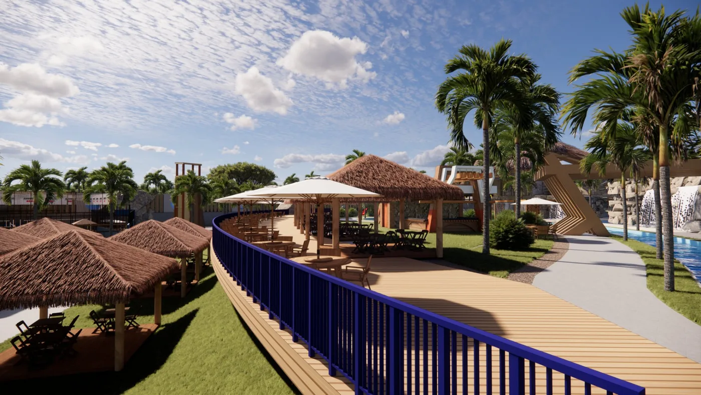 Deck com quiosques de palha