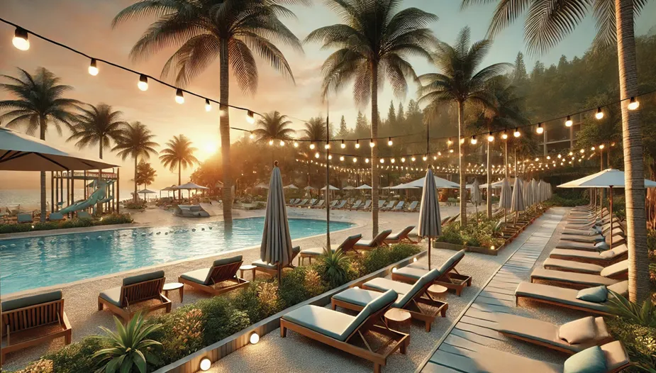 Lounge de espreguiçadeiras ao pôr do sol