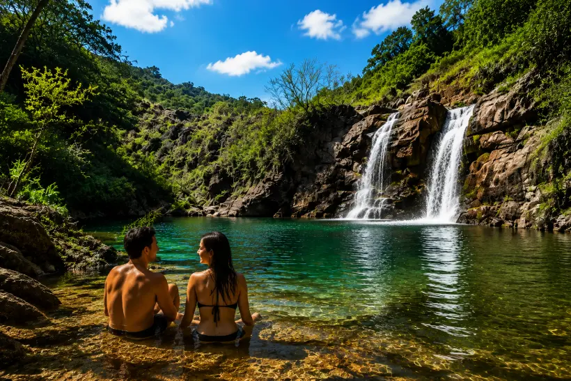 Casal na piscina natural diante da cachoeira